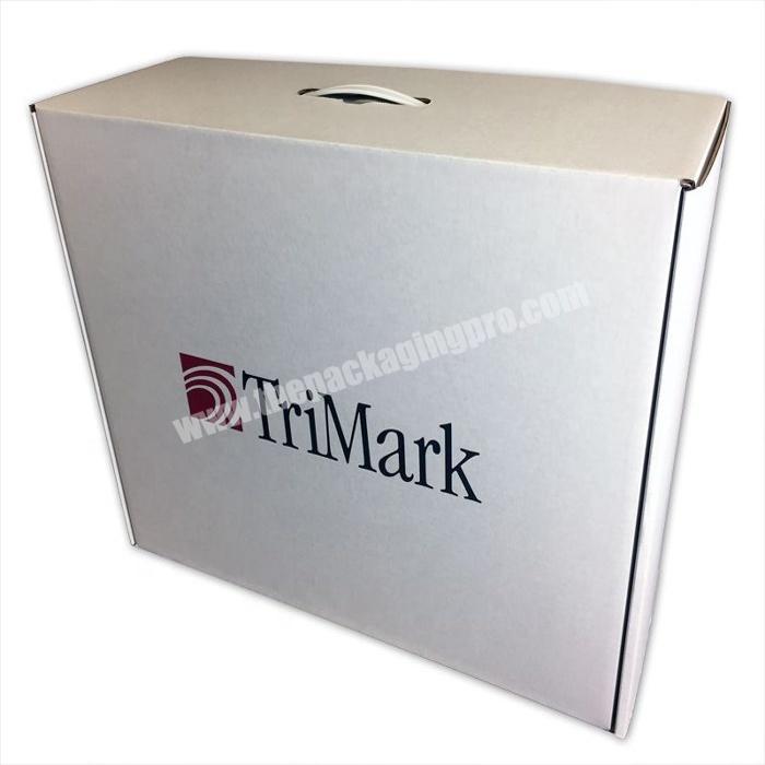 Silk printing white color b flute corrugated cardboard paper packaging suitcase box with handle