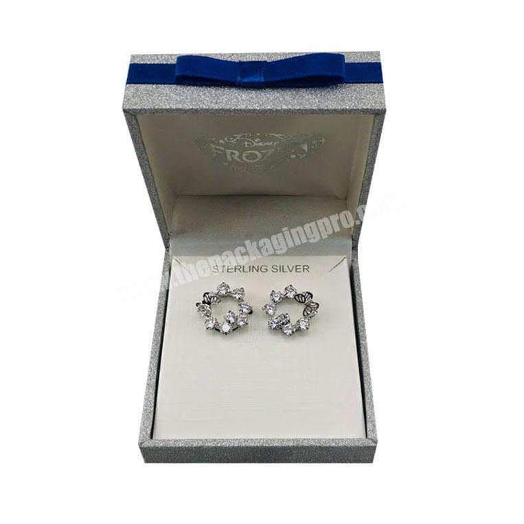 silver glitter paper hinged earring stud box with bowknot and paper inlay