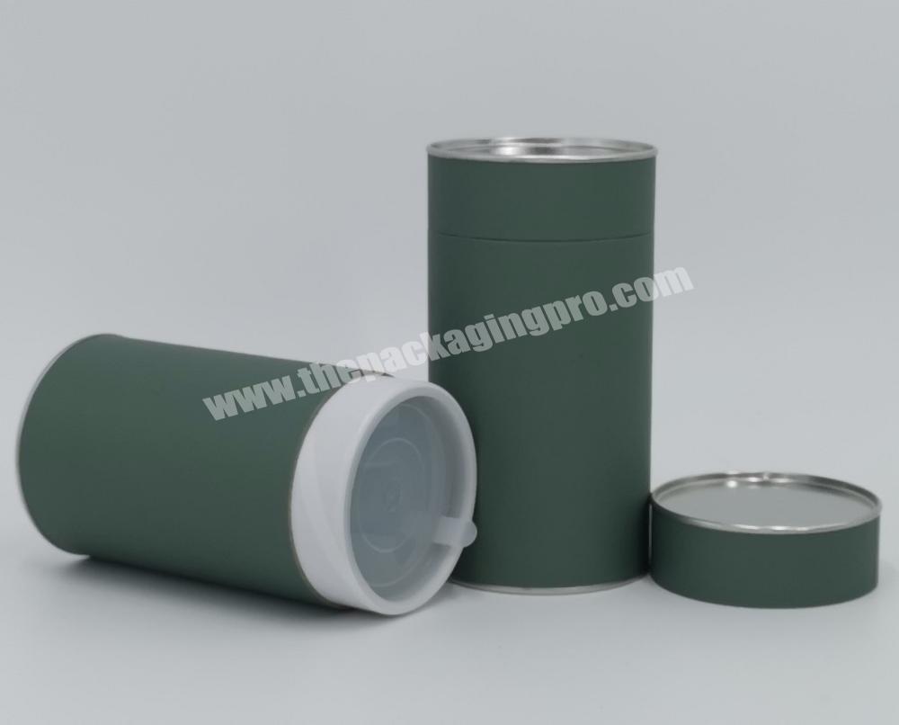 Silver Metal End Composite Paper Tea Packaging Canister with Plastic Lid Inserted