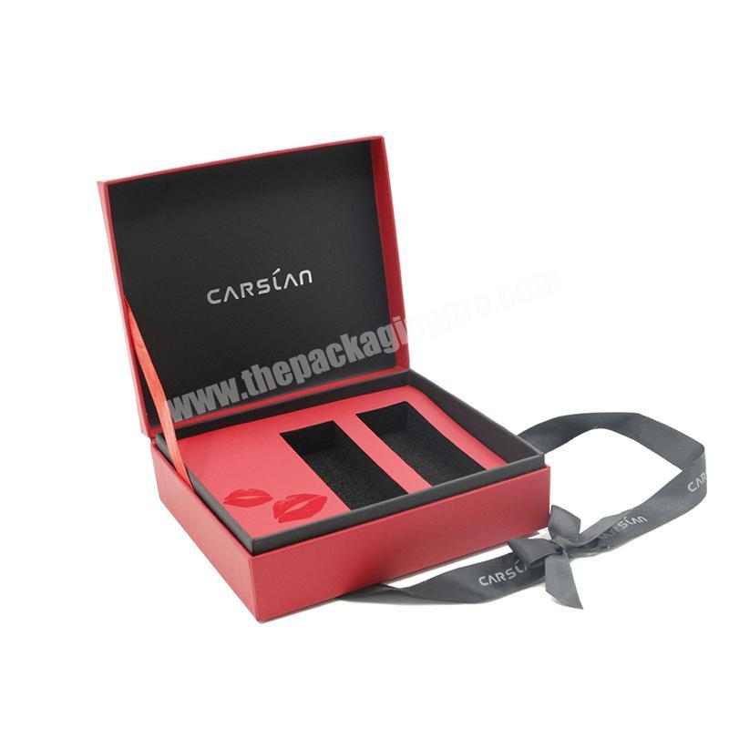 Soft touch red packaging paper Clamshell cosmetic box with ribbon and tray