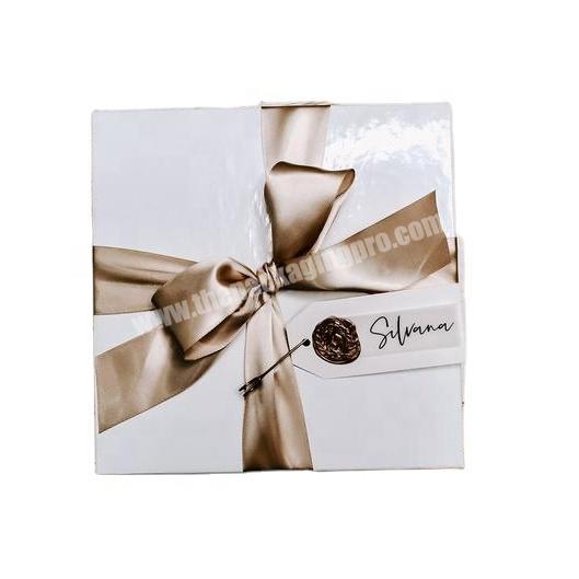 Square glossy white custom gift packing box  ribbon wax print gift box