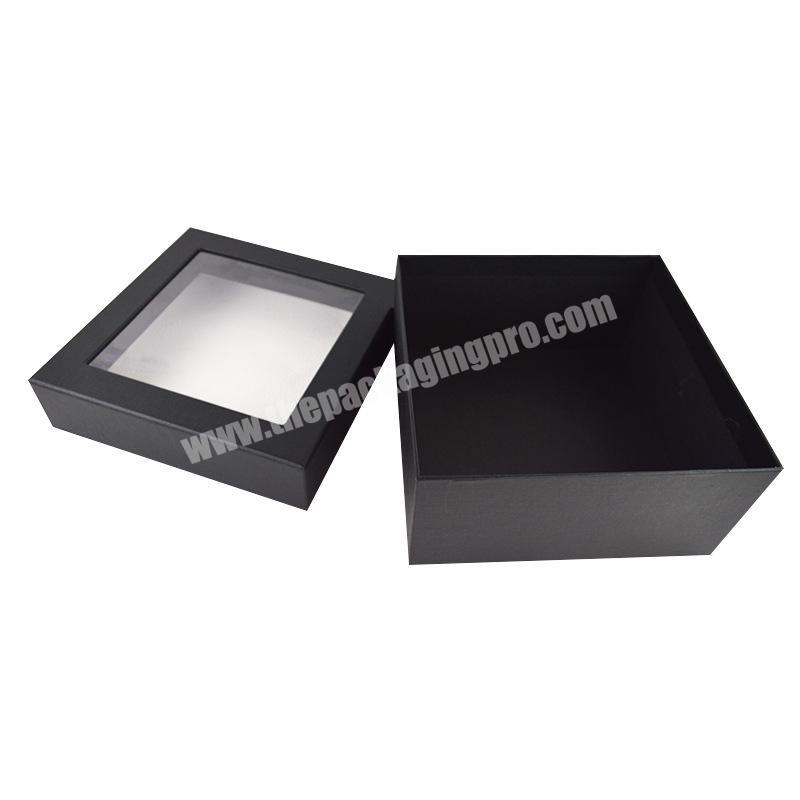 Square shape black cardboard gift box with window lid