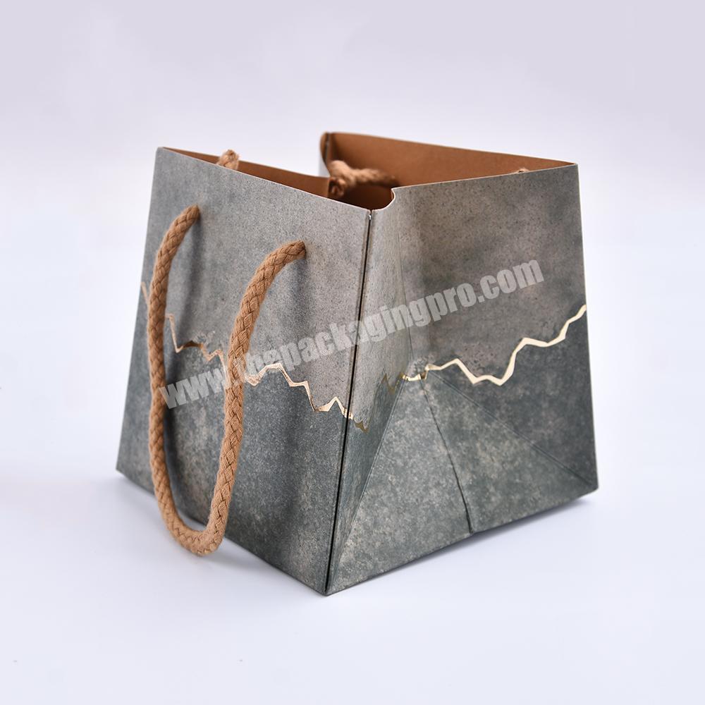 Square solid color folding package logo print kraft paper bags with flat handle