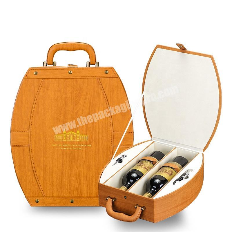 stand up paperboard velvet lining double red wine bottles eco friendly orange PU leather general gift packing box