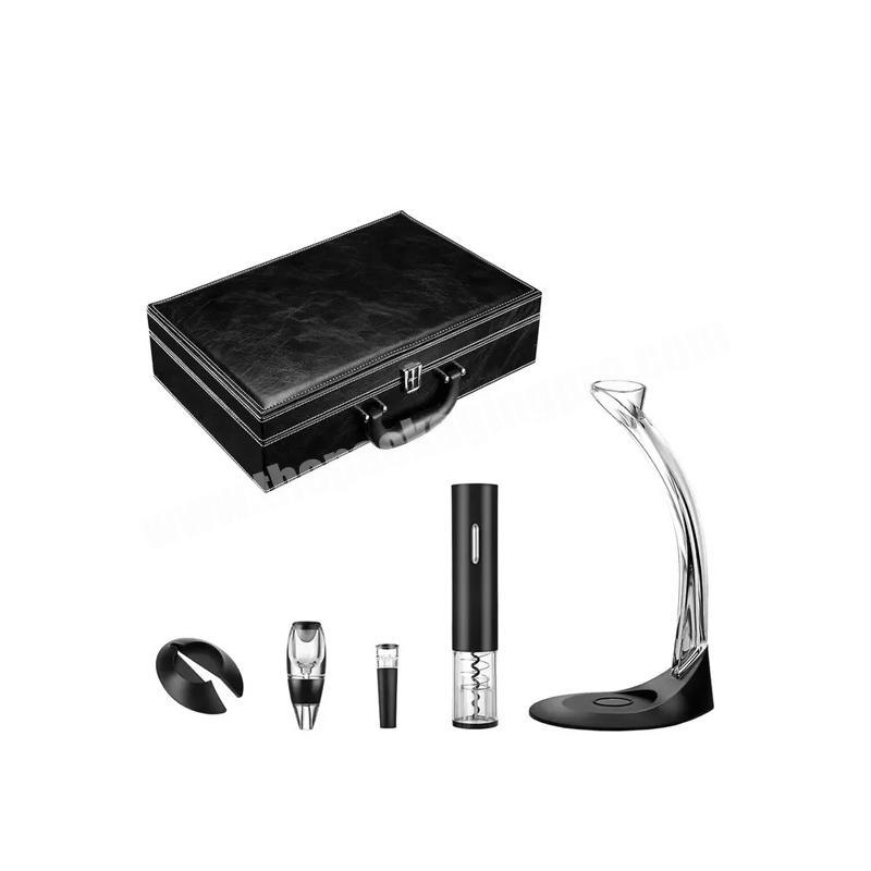 Top selling wine accessories gift set in leather gift box electric automatic wine opener set with wine aerator decanter