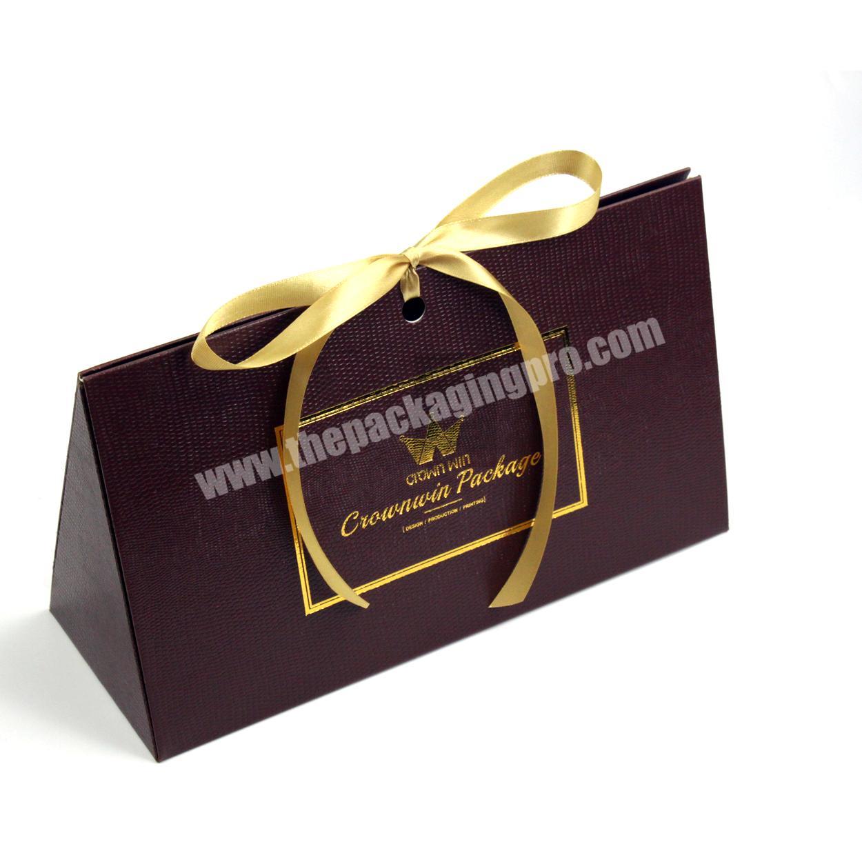 Triangle Shape Foldable Cardboard Packaging Gift Kraft Paper Box With Black Ribbon