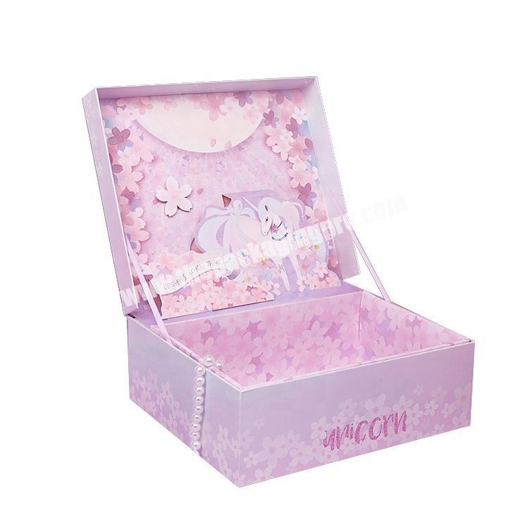 Unicorn heart gift box stereo cherry blossom pearl paper wedding dress gift box packaging box with raffia