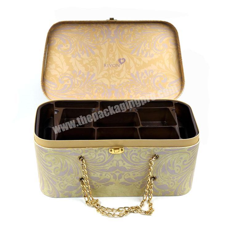 Unique Chain Handle Large Gold Stamping Cosmetic Packaging Suitcase With Blister Tray