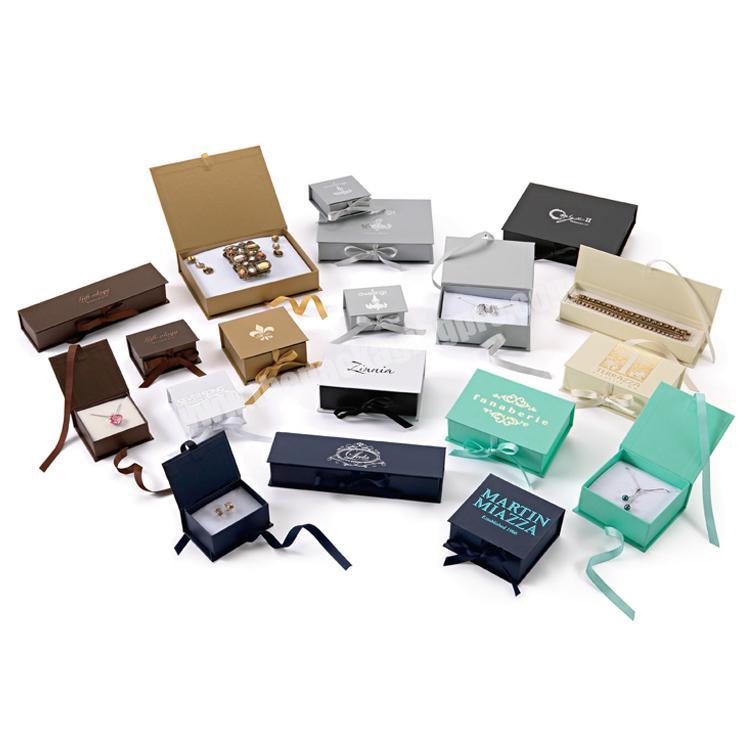 Unique luxury custom logo flip rigid cardboard paper gift jewellery box ribbon jewelry box packaging