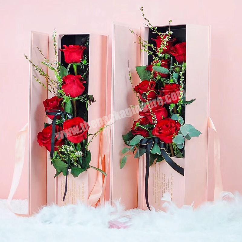 Valentine's Day Bouquet Flowers Packaging Clamshell Open Luxury Long Shape Cardboard Rose Box with Ribbon