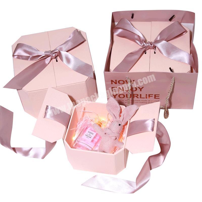 Valentine's Day High-grade hexagon flower flip packaging gift box, preserved flower box ribbon