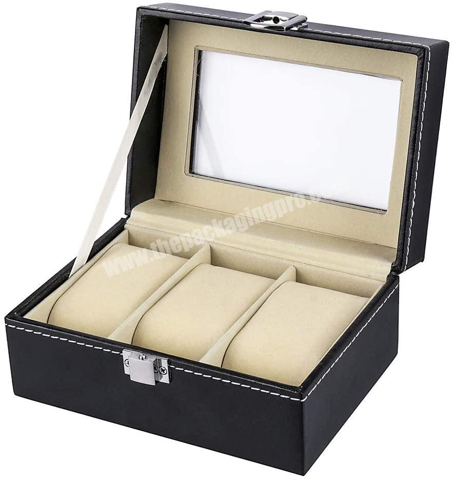 Watch Box Small 3 Mens Black Leather Display Glass Top Jewelry Case Organizer