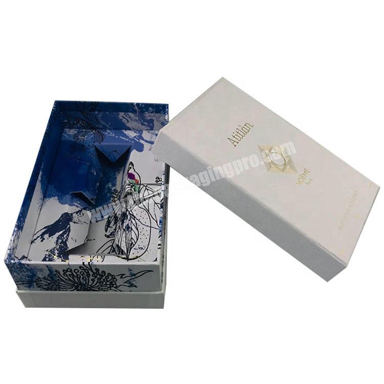 white embossing paper with gold logo shoulder neck perfume box with full color paper inlay