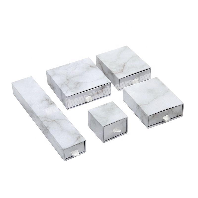White Marble Pattern Cardboard Drawer Paper Box Ring Earring Jewelry Gift Box With Pull Out Tab
