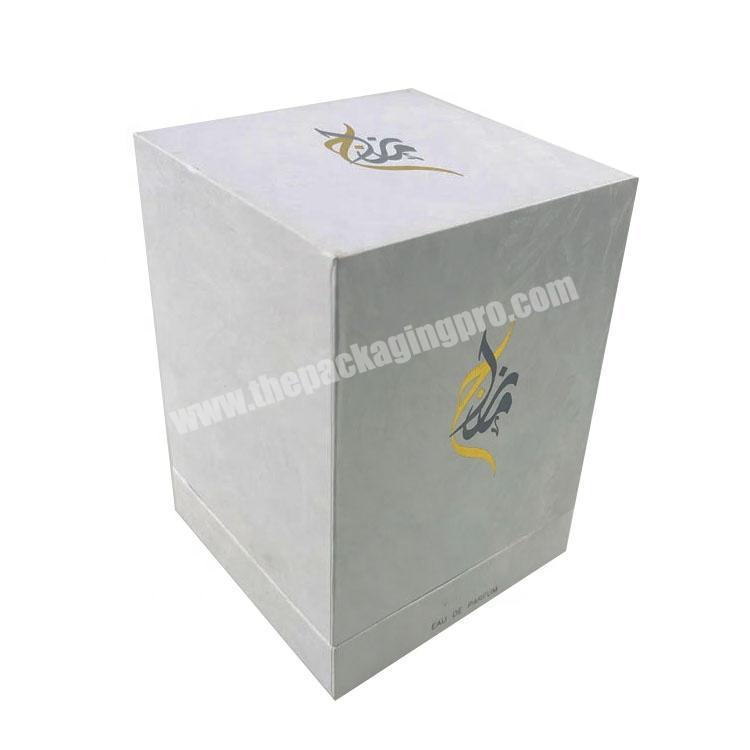 white pattern paper one bottle packed rectangle tall lid and base tray perfume box with stamped logo