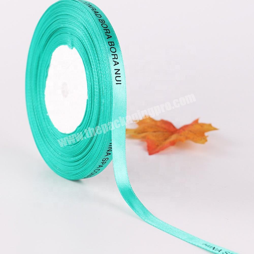 Wholesale 1.5cm Blue 100% Polyester Satin Ribbon Custom Black Logo Printed Packing Ribbon