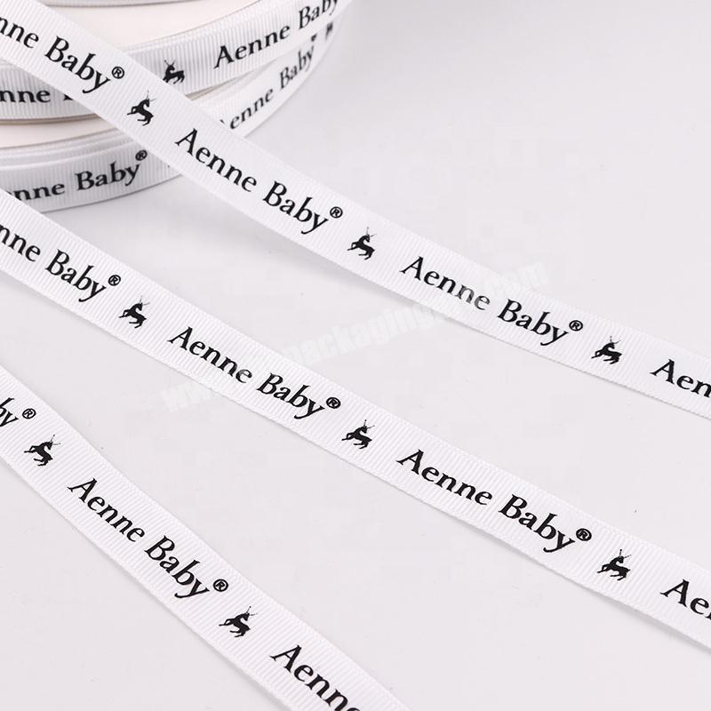 Wholesale 1cm White 100% Polyester Ribbon With Black Logo Custom Printed Grosgrain Ribbon