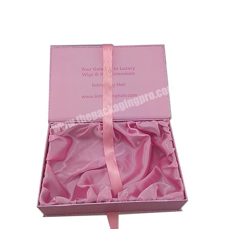 Wholesale best selling cardboard luxury custom pink glitter wig storage packaging gift box with satin
