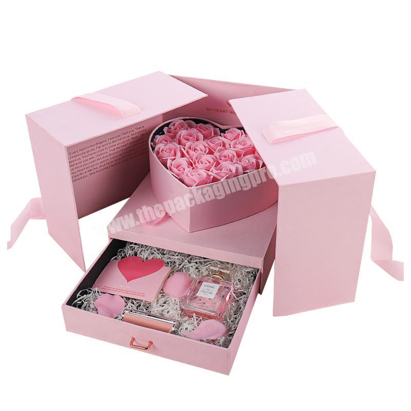 Wholesale Birthday Wedding Hot Pink Magnetic Cosmetic Gift Box Powder Makeup Double Layer Middle Open Packaging Boxes
