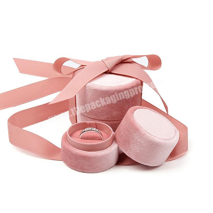 wholesale blue pink jewelry packaging round box velvet ring box jewellery necklace gift box with ribbon