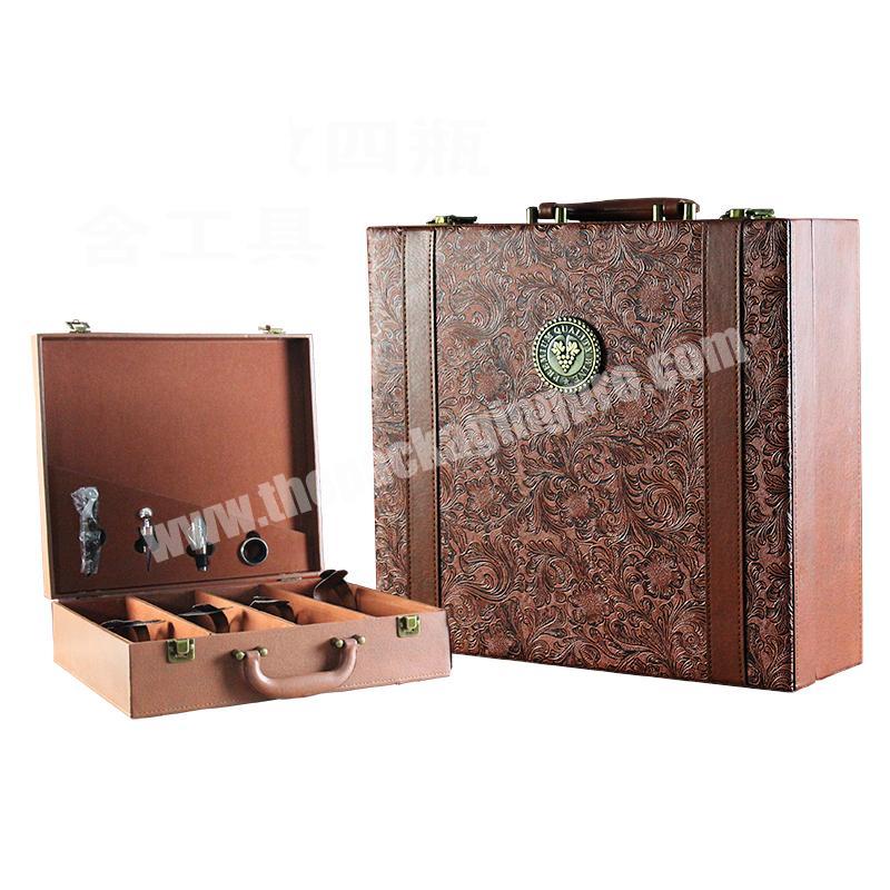 Wholesale brown pu leather  wine gift box free sample handmade 4 bottle wine box luxury wine box with bar tool