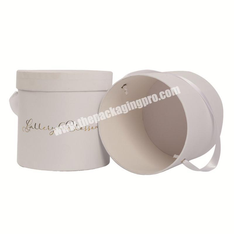 Wholesale Custom Design Cylinder Packaging Paper Round Flower Box with silk ribbon handle gold foiling or gold printing