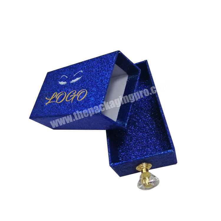 Wholesale custom eyelash packing box drawer shinny blue color false nail lash packaging boxes with logo printing