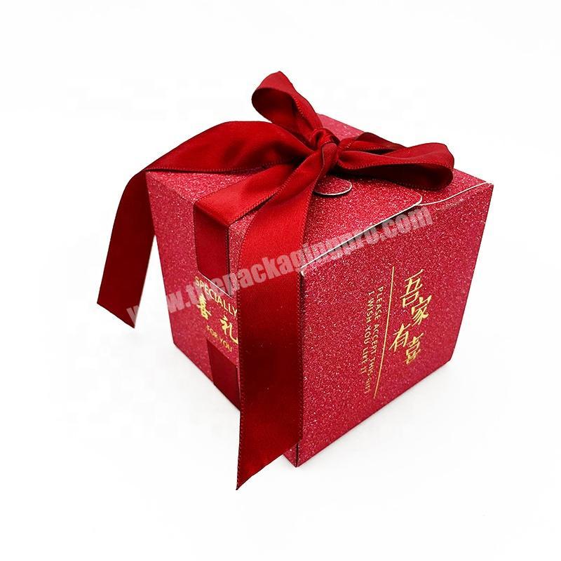 Wholesale custom logo fancy paper easy folding wedding candy paper gift box  with ribbon