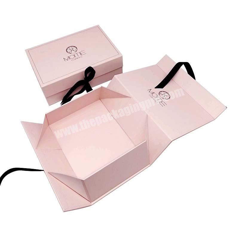Wholesale custom logo pink Foldable rigid Gift box Cardboard product Folding Packaging Box with ribbon