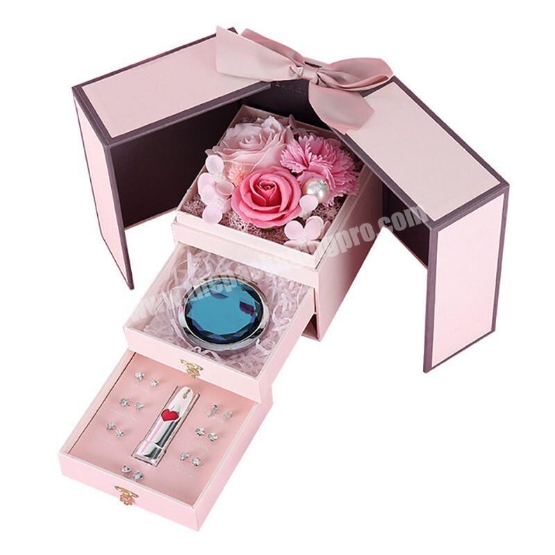Wholesale Custom Logo Pink Magnetic 2 Layer Jewelry Perfume Lipstick Packing Box with Ribbon and Drawer