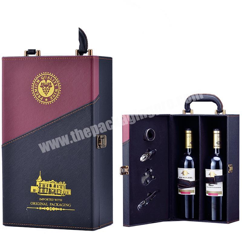 Wholesale Custom luxury wine leather gift  box  high quality handmade 2 bottle wine packing box with accessories
