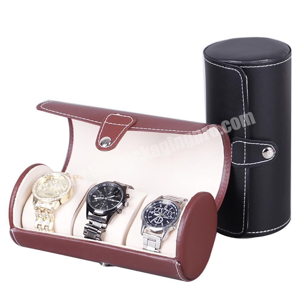 Wholesale custom pu leather 3 slots cylinder watch gift box high-end black watch storage display box