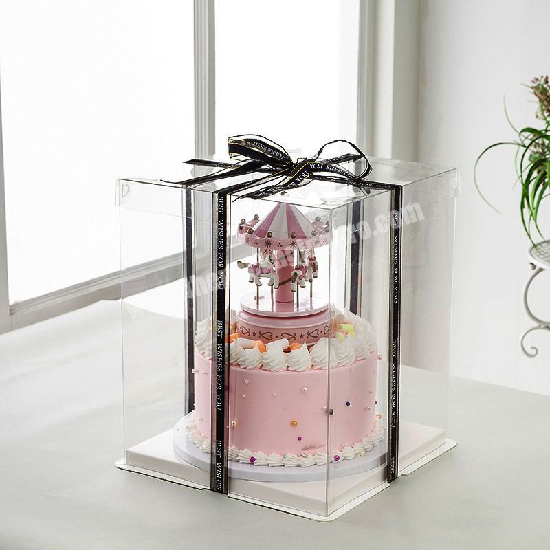 Wholesale food grade paper board and clear plastic PET birthday cake box  for wedding party cake