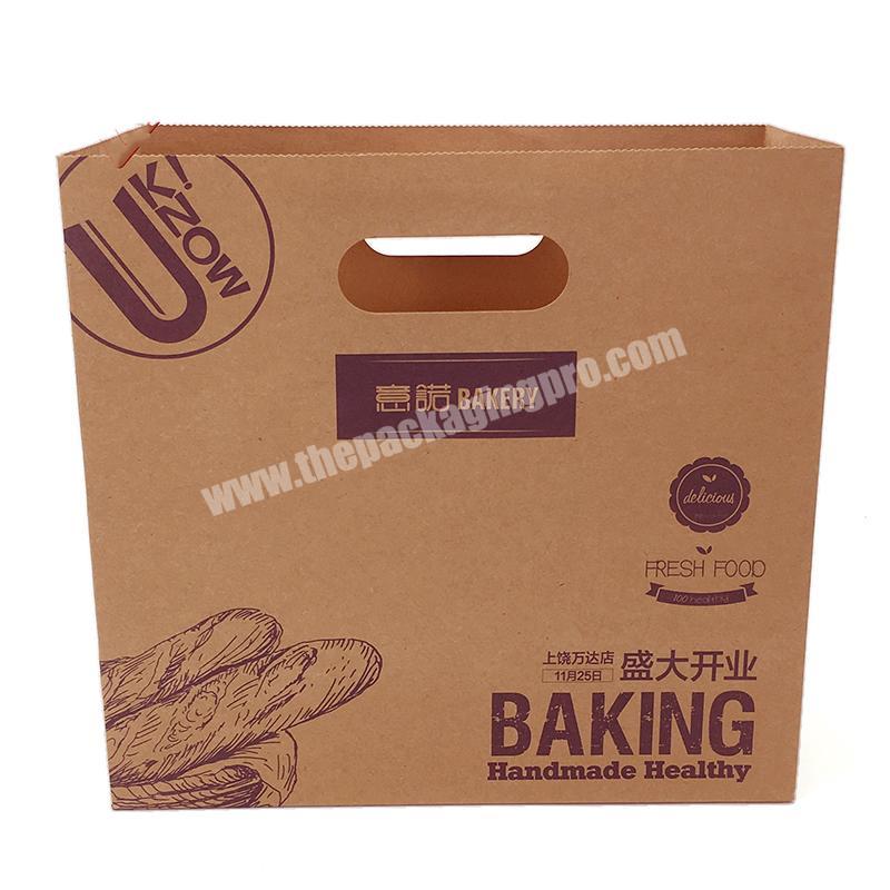 Wholesale OEM kraft bakery take away brown paper bag with die cut handle