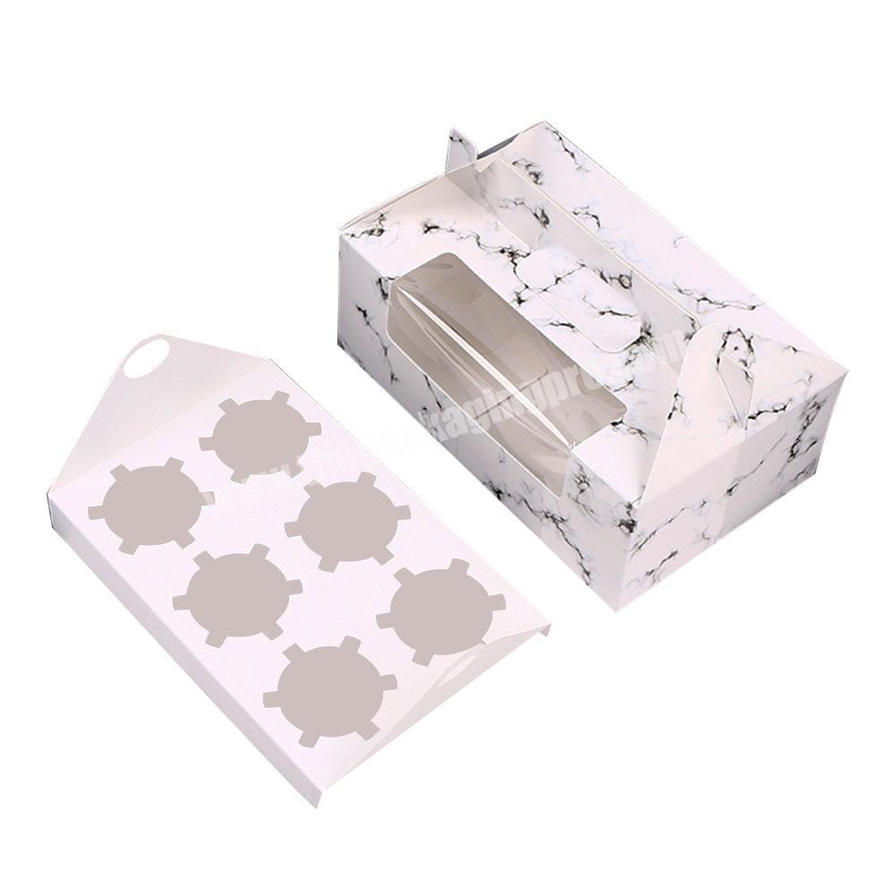 Wholesale white card marbling printing food packaging take away foldable cupcake box with PVC window
