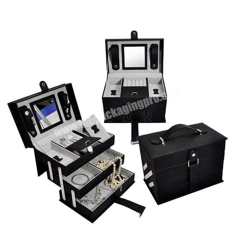 whose sales low MOQ business storage case ; Black PU Leather jewelry box with multi-drawer jewelry case