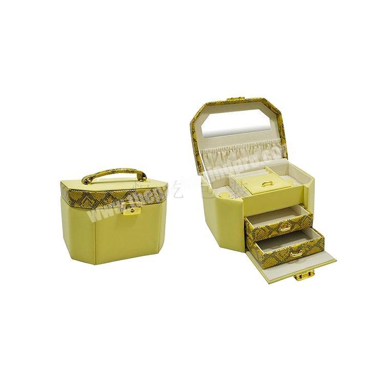 Yellow Elegant PU leather Luxury customized wooden pro table drawer storage box for jewelry with lock