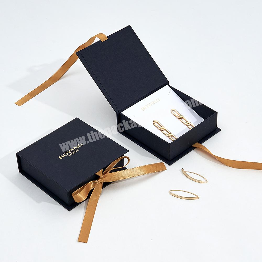 Boyang Custom Black Biodegradable Paper Earring Gift Box Ribbon Jewelry Packaging Box