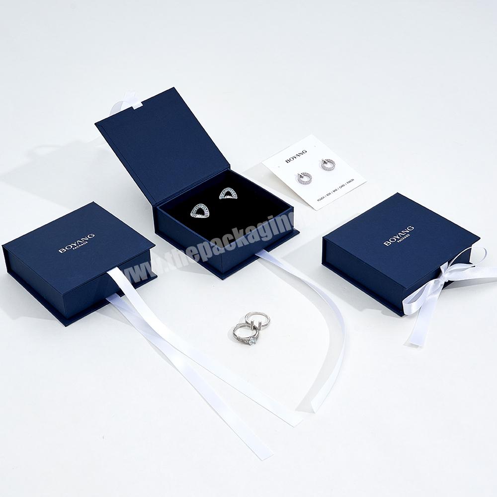 Boyang Custom ECO Friendly Paper Blue Earring Jewelry Set Box Gift Packaging with Ribbon
