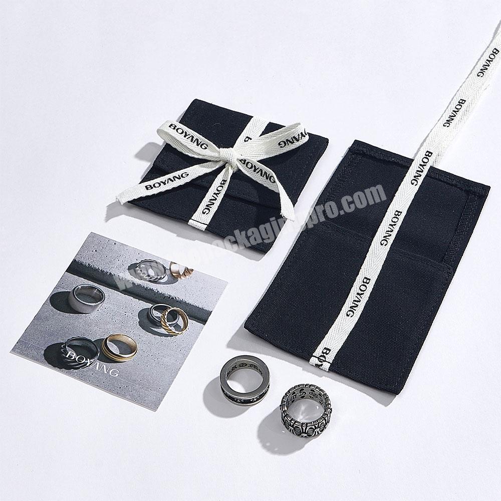 Boyang Custom Envelope Flap Black Cotton Jewelry Packaging Bag Pouches with Ribbon
