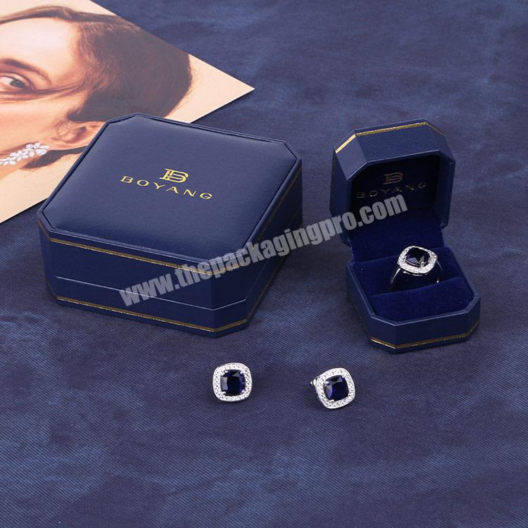 Boyang Custom Logo Luxury Blue Leatherette Paper Necklace Ring Jewelry Packaging Box