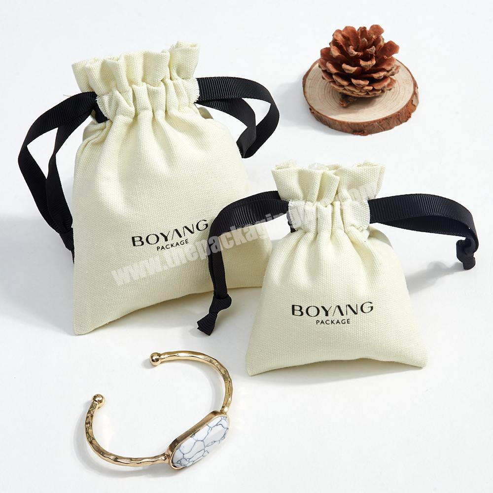 Boyang Custom Logo Printed Drawstring Cotton Canvas Jewelry Bag Small Canvas Gift Jewelry Pouch