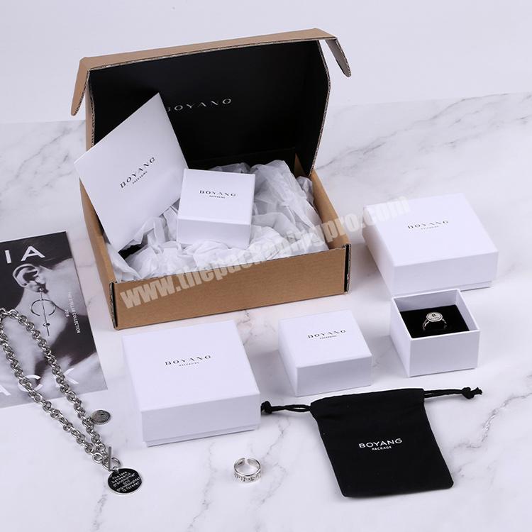 Boyang Custom Luxury Lid Base Paper White Jewelry Packaging Box and Bag