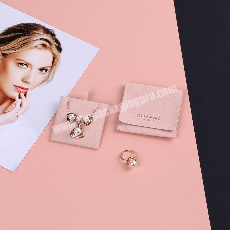 Boyang Custom Printed Envelope Pink Ring Pendant Earring Packaging Microfiber Jewelry Pouch Bag with Insert