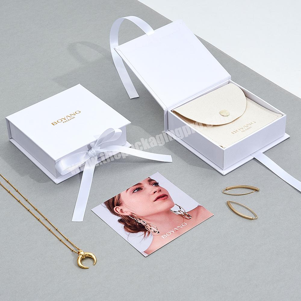 Boyang Custom White Paper Cardboard Biodegradable Jewelry Box Packaging with Ribbon