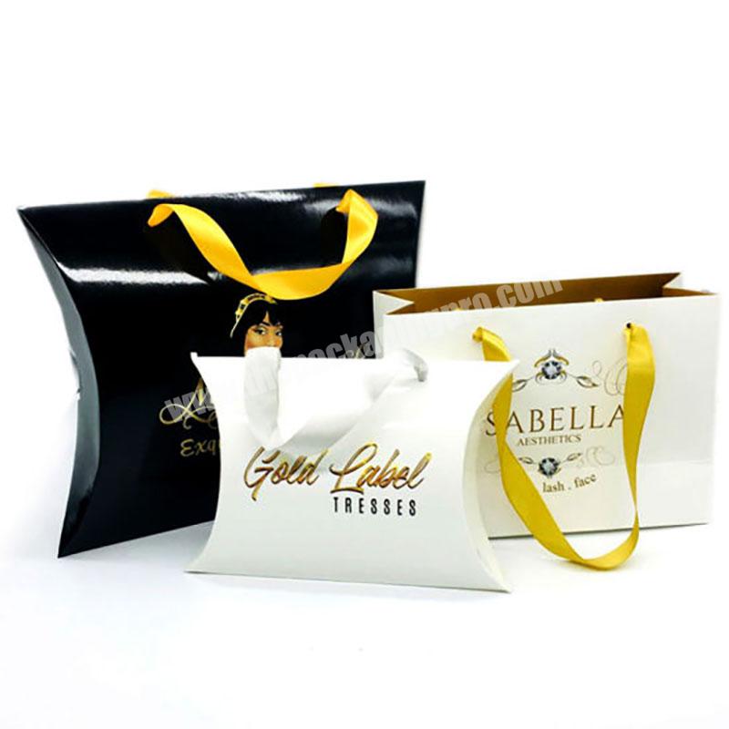 Cheaper design private label full color printed recycle hair extensions bags ribbon handles  pillow box packaging boxes