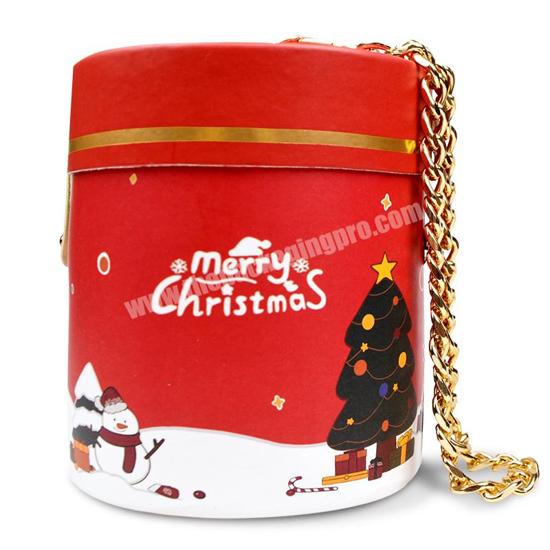 Custom CMYK Printing Merry Christmas Paper Tube Gift Packaging Box With Metal Chain