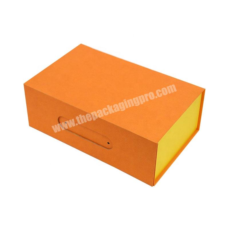 Custom Cardboard Orange Empty Shoes Packaging Magnetic Folding Gift Box With Handle Closures