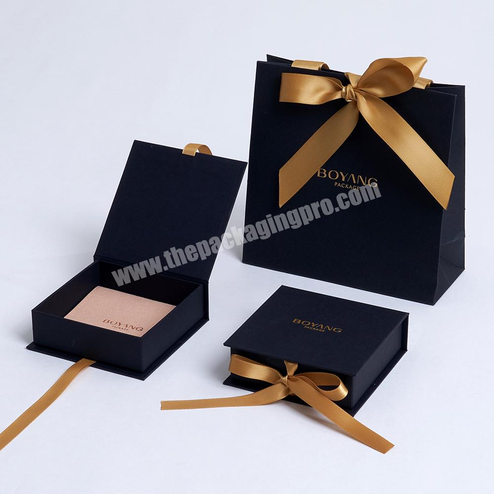 Custom Eco Friendly Black Paper Cardboard Jewelry Gift Packaging Box with Ribbon