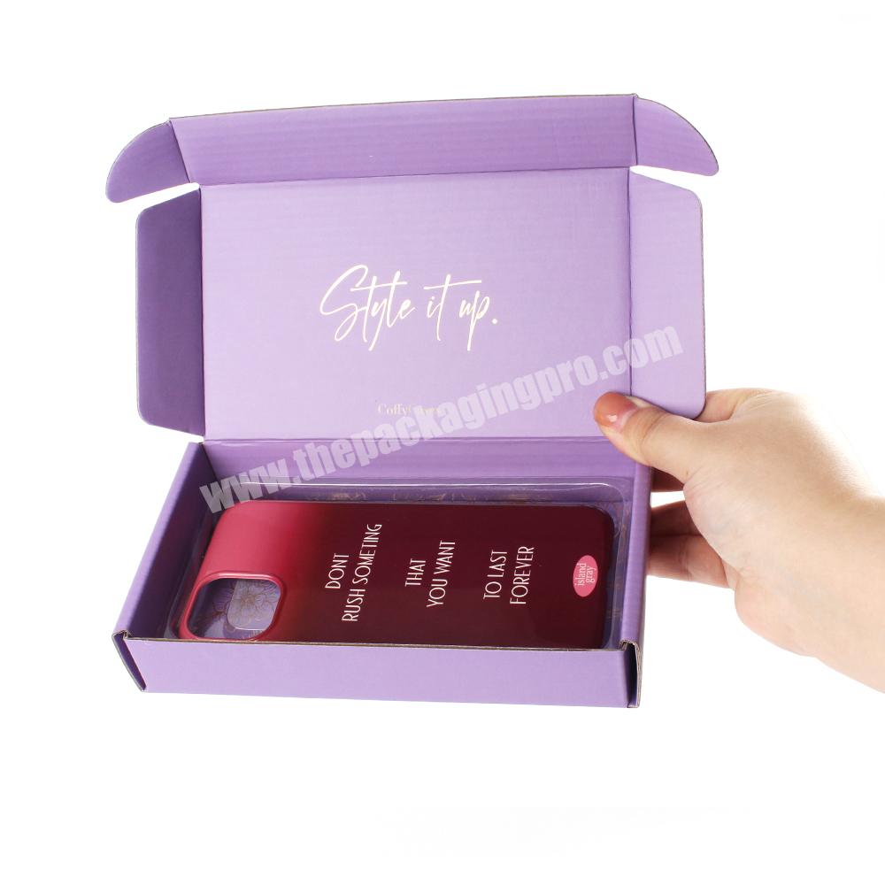 Custom LOGO Gold Foil Corrugated Packaging Purple Shipping Mailer Box for Mobile Phone Accessories Case Box